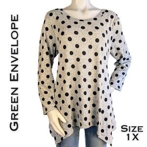 Green Envelope Long Sleeve Top 1X Black Gray Polka Dot Heather Stretch High Low